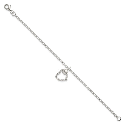 Sterling Silver Polished and Twisted Heart Dangle 7.5 Inch Cable Chain Bracelet QG6961-7.5
