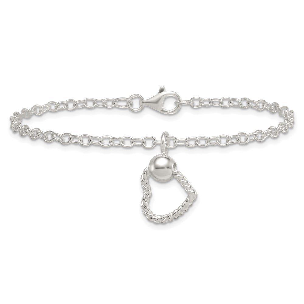 Sterling Silver Polished and Twisted Heart Dangle 7.5 Inch Cable Chain Bracelet QG6961-7.5