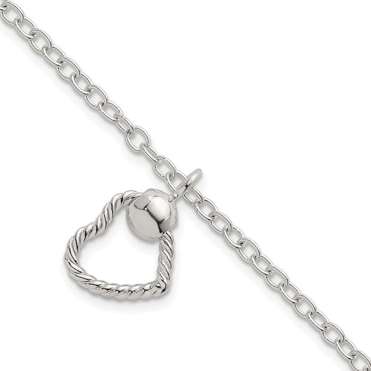 Sterling Silver Polished and Twisted Heart Dangle 7.5 Inch Cable Chain Bracelet QG6961-7.5