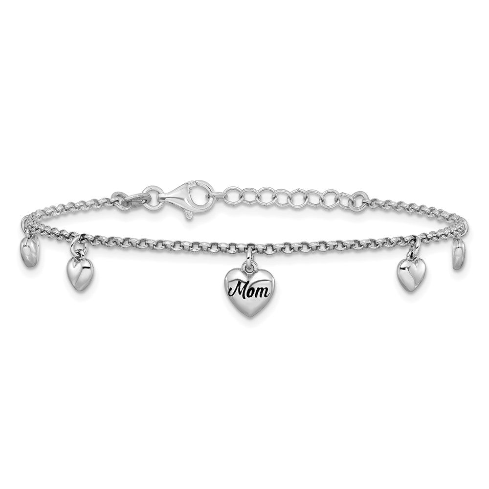 Sterling Silver Rhodium-plated Black Enameled MOM Puffed Heart with Heart Charms 6.5 inch with 0.75 inch extension Bracelet QG6962-6.5