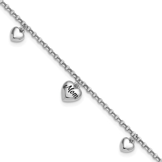 Sterling Silver Rhodium-plated Black Enameled MOM Puffed Heart with Heart Charms 6.5 inch with 0.75 inch extension Bracelet QG6962-6.5