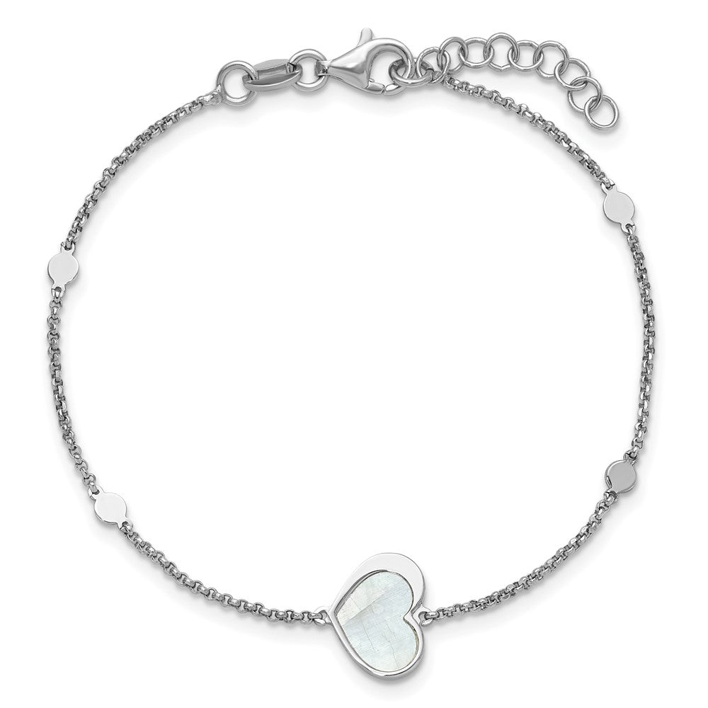 Sterling Silver Rhodium-plated Mother of Pearl Heart 6.5 inch with 1 inch extension Bracelet QG6963-6.5