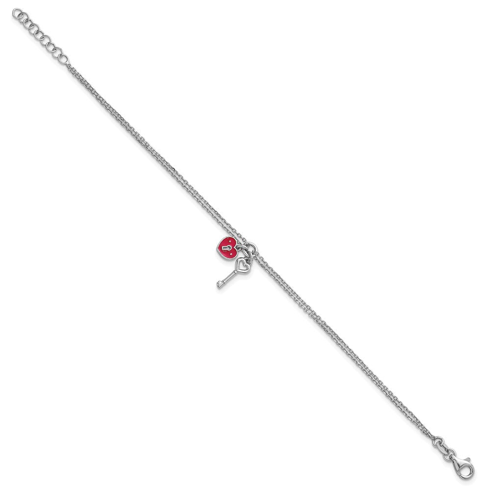 Sterling Silver Rhodium-plated Two-strand Red Enameled Heart Lock and Key 6.75 inch with 0.75 inch extension Bracelet QG6964-6.75