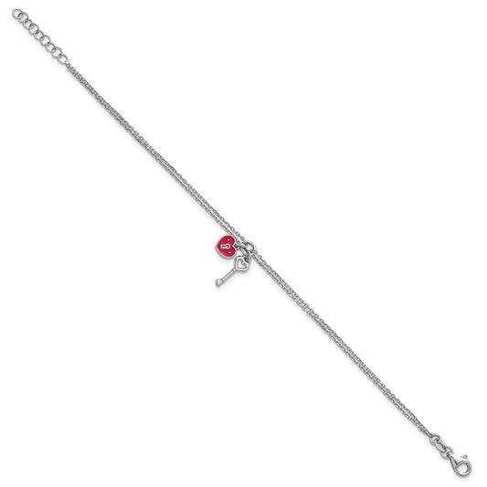 Sterling Silver Rhodium-plated Two-strand Red Enameled Heart Lock and Key 6.75 inch with 0.75 inch extension Bracelet QG6964-6.75