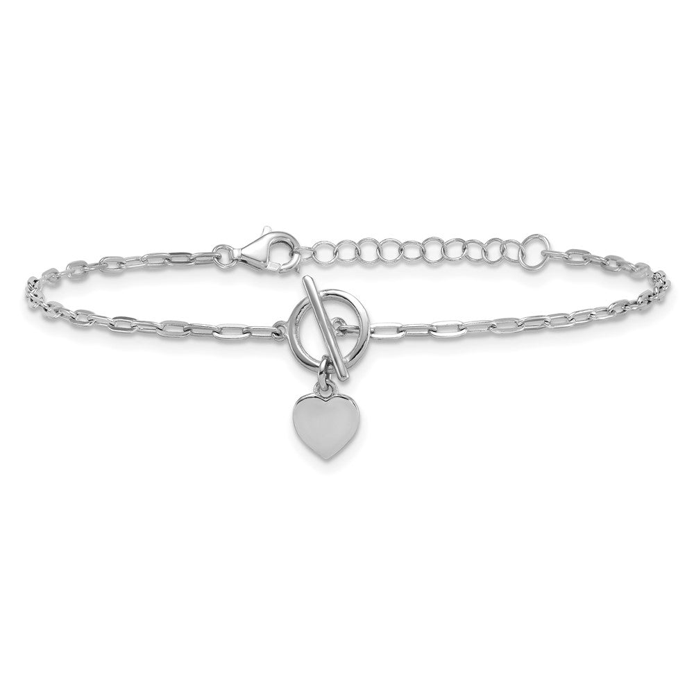 Sterling Silver Rhodium-plated Polished Heart Dangle Paperclip Link 6.5 Inch with 1 Inch Extension Bracelet QG6966-6.5