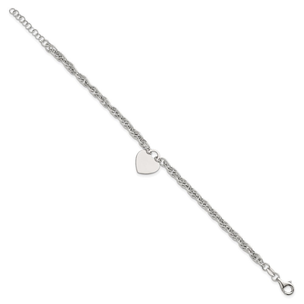 Sterling Silver Polished Fancy Engravable Heart Disc on Rope Chain 7 Inch with 1 Inch Extension Bracelet QG6967-7