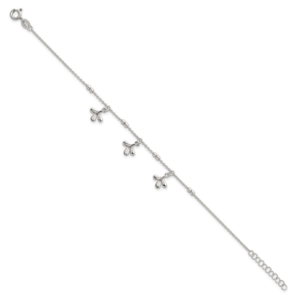 Sterling Silver Polished and Beaded with Three Leaf Dangles 7 inch with 1 inch Extension Bracelet QG6970-7