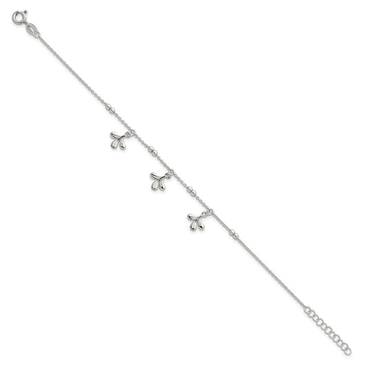 Sterling Silver Polished and Beaded with Three Leaf Dangles 7 inch with 1 inch Extension Bracelet QG6970-7