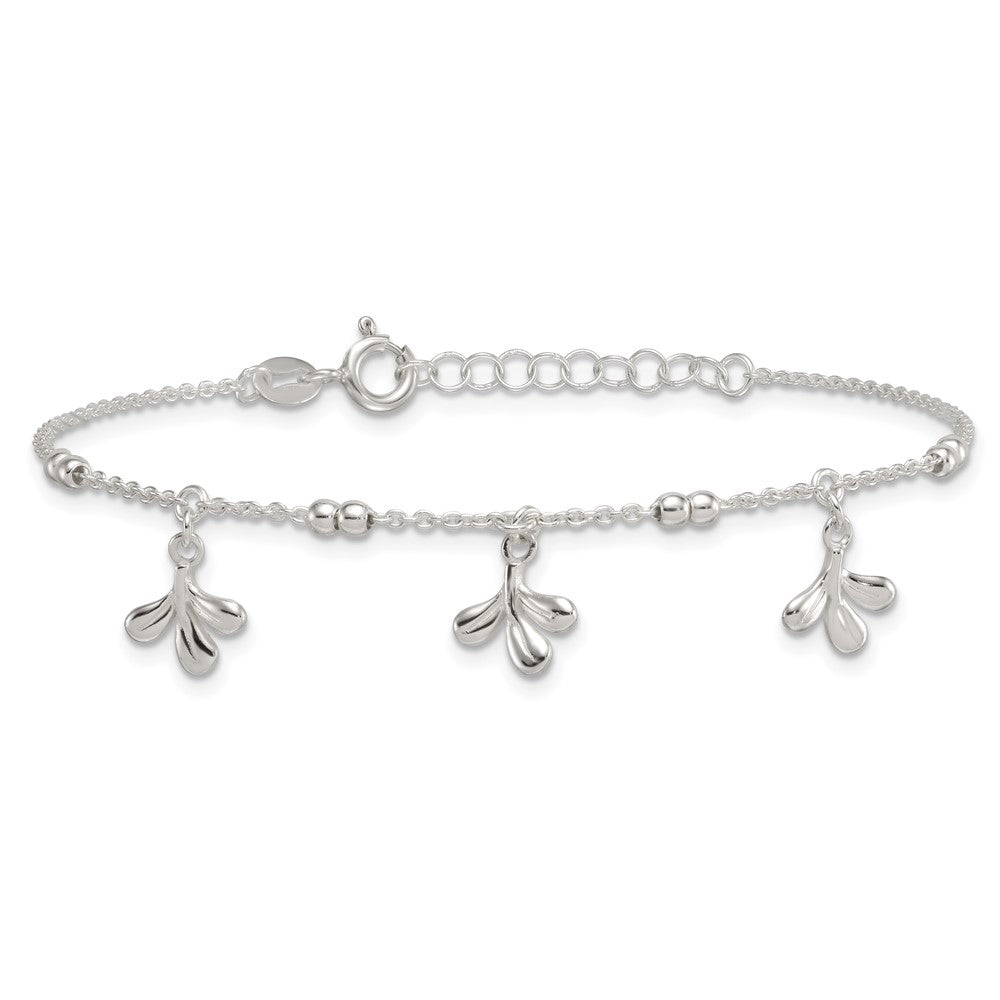 Sterling Silver Polished and Beaded with Three Leaf Dangles 7 inch with 1 inch Extension Bracelet QG6970-7