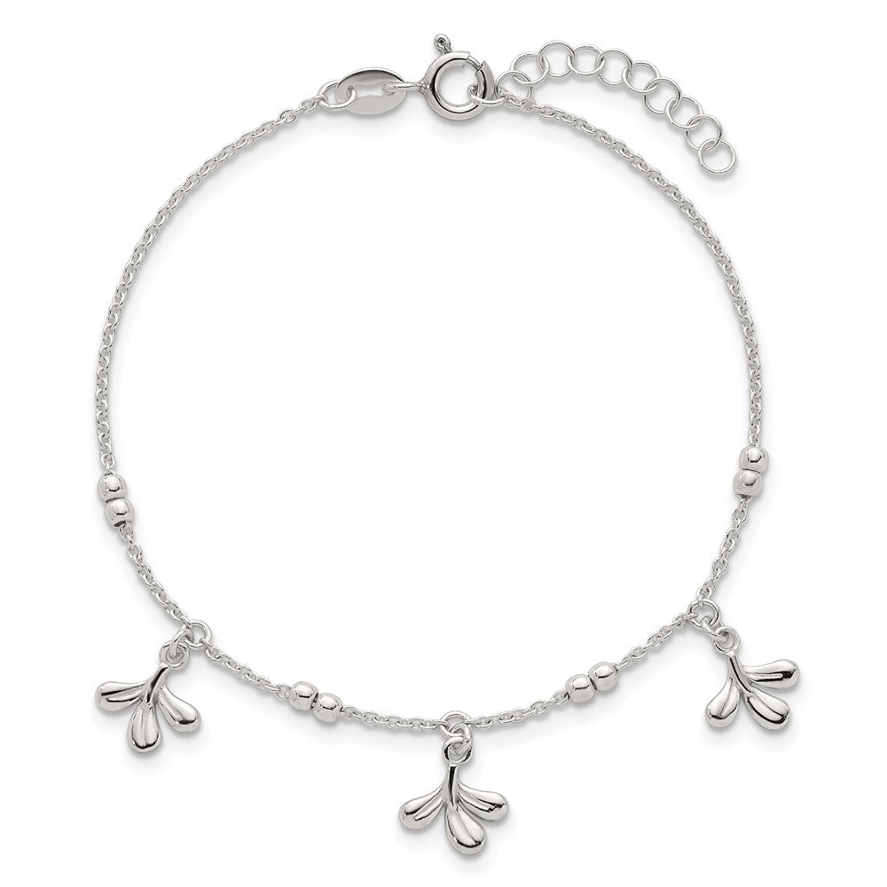 Sterling Silver Polished and Beaded with Three Leaf Dangles 7 inch with 1 inch Extension Bracelet QG6970-7