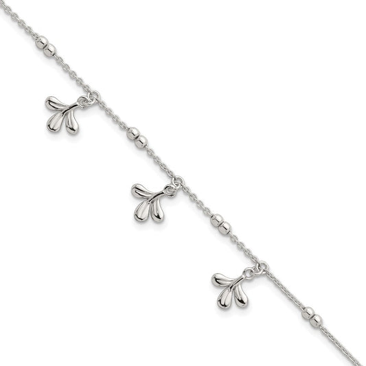 Sterling Silver Polished and Beaded with Three Leaf Dangles 7 inch with 1 inch Extension Bracelet QG6970-7