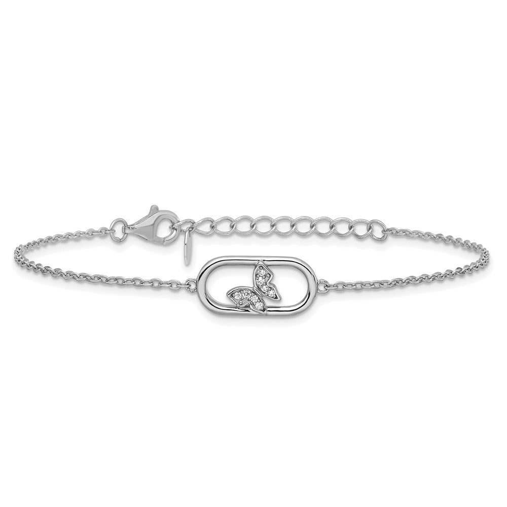 Sterling Silver Rhodium-plated CZ Oval with Butterfly 7 inch with 1 inch Extension Bracelet QG6973-7