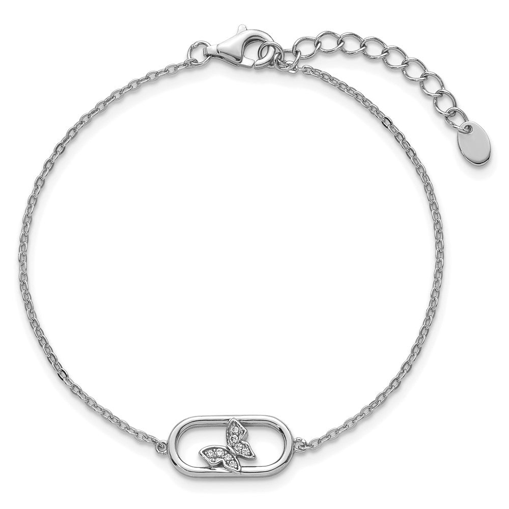 Sterling Silver Rhodium-plated CZ Oval with Butterfly 7 inch with 1 inch Extension Bracelet QG6973-7