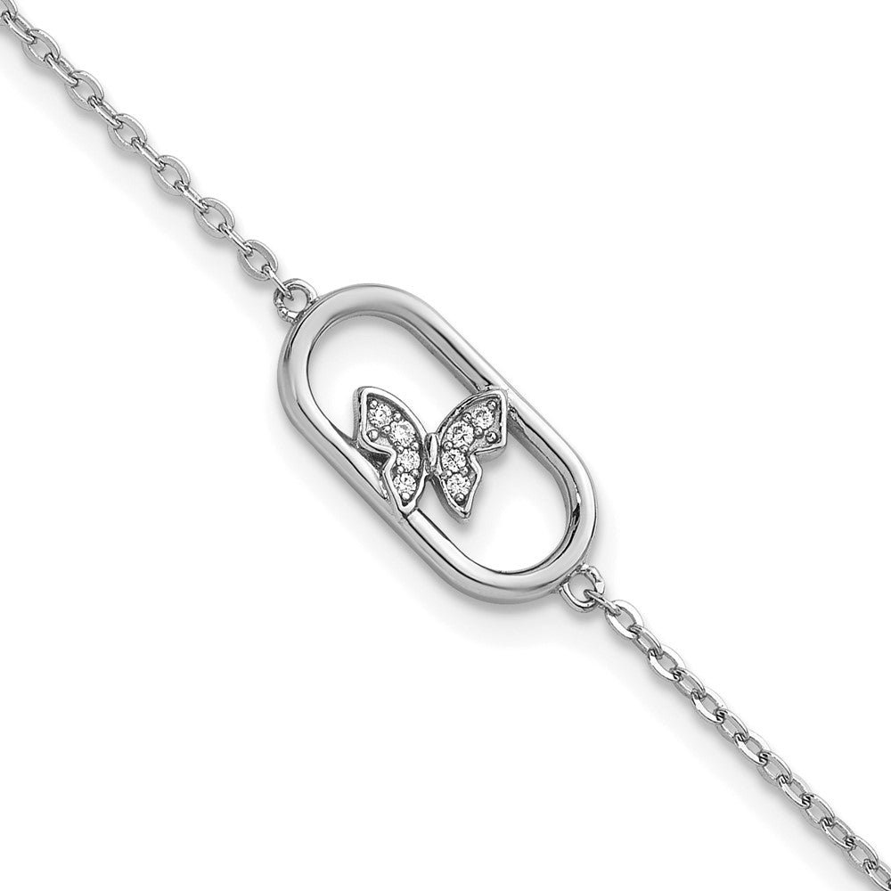 Sterling Silver Rhodium-plated CZ Oval with Butterfly 7 inch with 1 inch Extension Bracelet QG6973-7