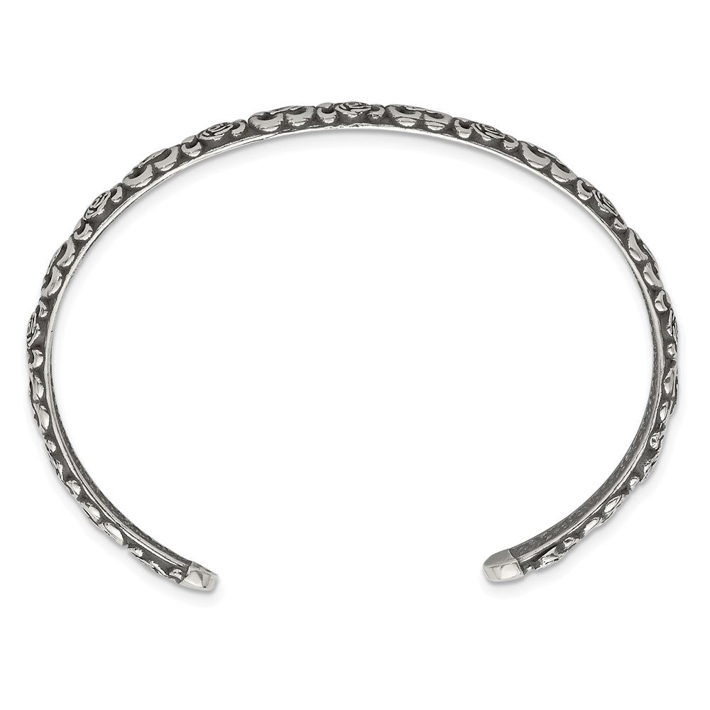 Sterling Silver Antiqued Floral 6.5mm Cuff Bangle Bracelet QG6975B