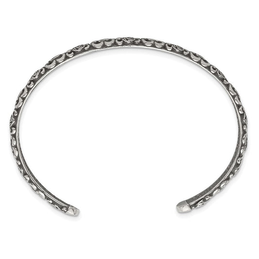 Sterling Silver Antiqued Floral 6.5mm Cuff Bangle Bracelet QG6975B