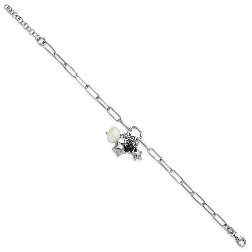 Sterling Silver Rhodium-plated Stars and White Freshwater Cultured Pearl and Black Acrylic Bead 6.75 inch with 1 inch Extender Paperclip Bracelet QG6977-6.75