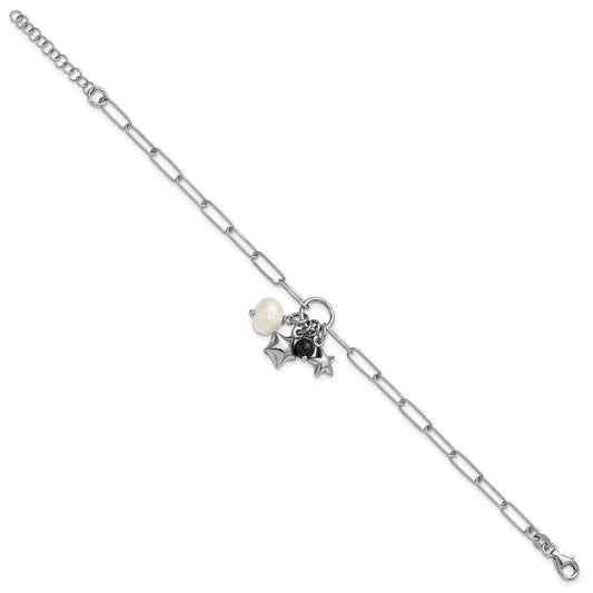 Sterling Silver Rhodium-plated Stars and White Freshwater Cultured Pearl and Black Acrylic Bead 6.75 inch with 1 inch Extender Paperclip Bracelet QG6977-6.75