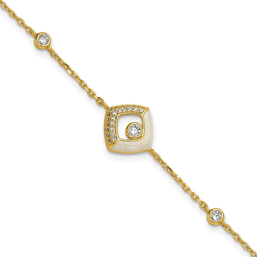 Sterling Silver Gold-tone CZ and Champagne Enamel Square 7 inch with 0.5 inch Extension Bracelet QG6978GP-7