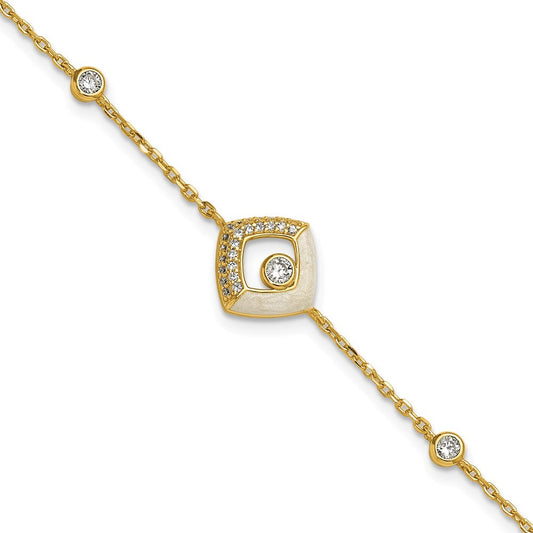 Sterling Silver Gold-tone CZ and Champagne Enamel Square 7 inch with 0.5 inch Extension Bracelet QG6978GP-7