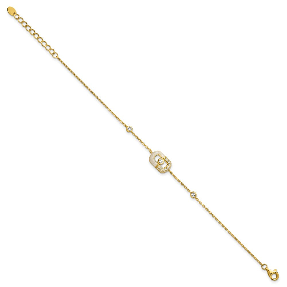 Sterling Silver Gold-tone CZ and Champagne Enamel Rectangle 7 inch with  0.5 inch Extension Bracelet QG6979GP-7