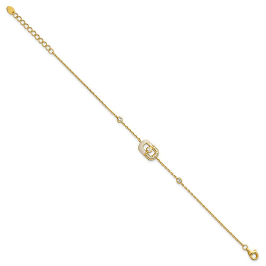 Sterling Silver Gold-tone CZ and Champagne Enamel Rectangle 7 inch with  0.5 inch Extension Bracelet QG6979GP-7
