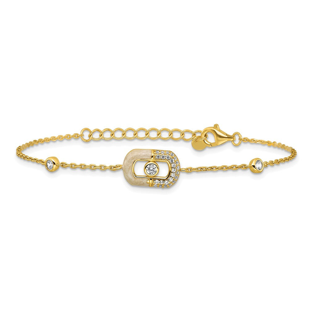 Sterling Silver Gold-tone CZ and Champagne Enamel Rectangle 7 inch with  0.5 inch Extension Bracelet QG6979GP-7