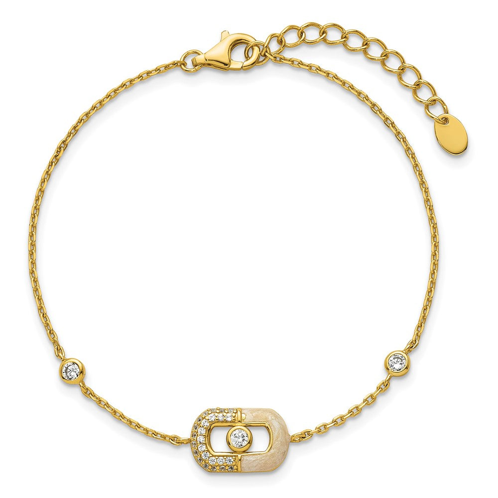 Sterling Silver Gold-tone CZ and Champagne Enamel Rectangle 7 inch with  0.5 inch Extension Bracelet QG6979GP-7