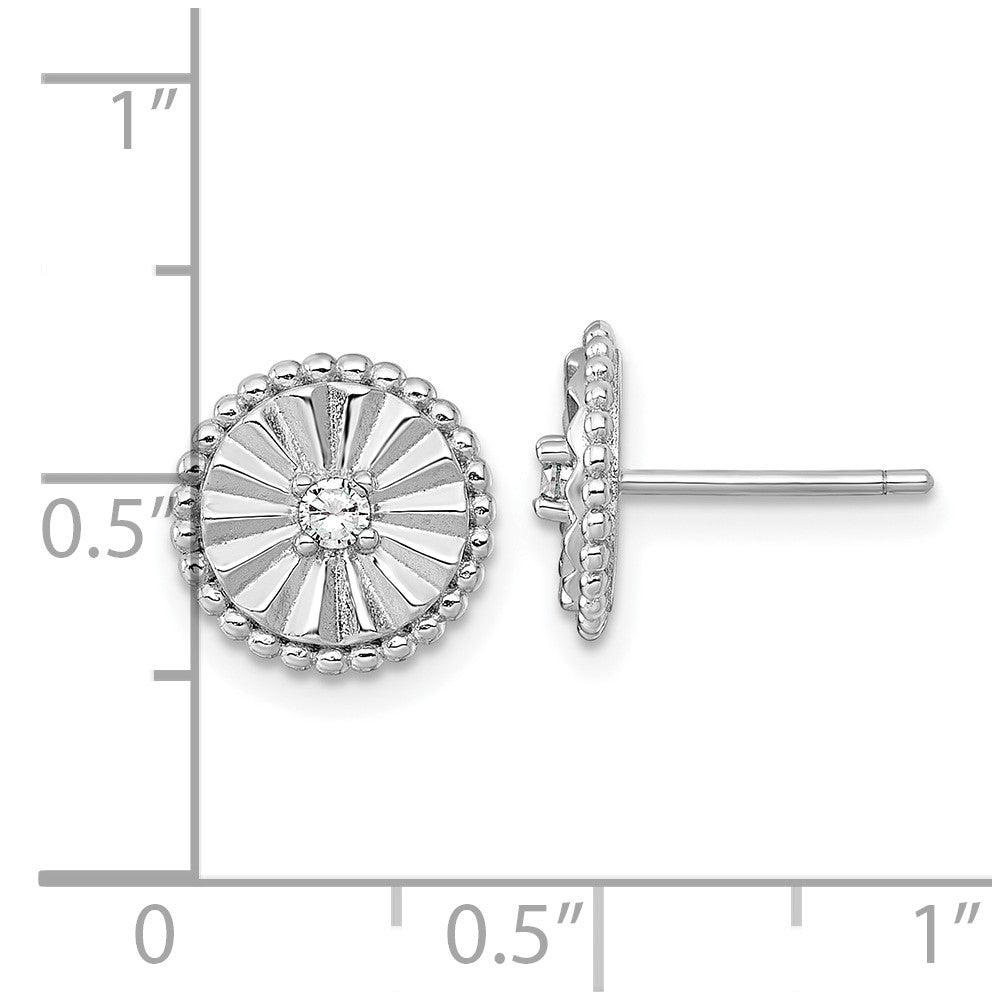 QG6980E Sterling Silver Rhodium-plated Polished Beaded and Textured CZ Circle Post Earrings