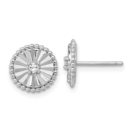 QG6980E Sterling Silver Rhodium-plated Polished Beaded and Textured CZ Circle Post Earrings