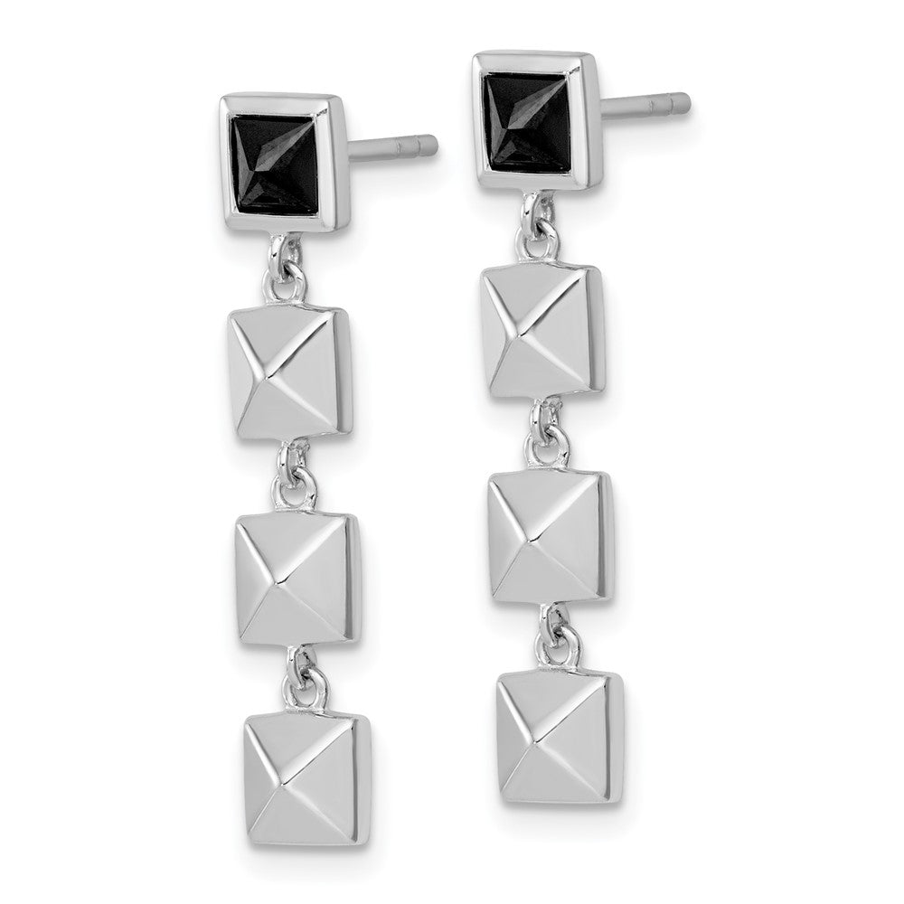 QG6981E Sterling Silver Rhodium-plated Polished Black CZ and Pyramid Squares Dangle Post Earrings