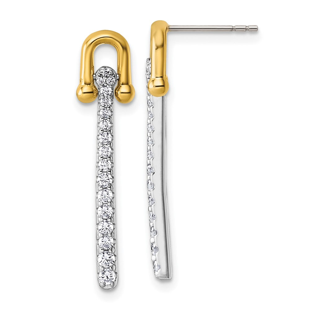 QG6982E Sterling Silver Gold-tone CZ Polished And Textured Dangle Post Earrings