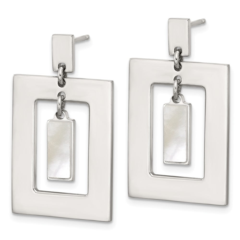 QG6984E Sterling Silver Open Rectangle with Mother of Pearl Dangle Post Earrings