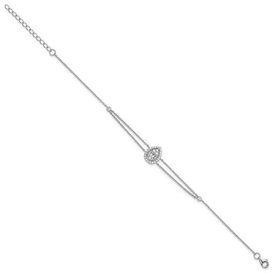 Sterling Silver Rhodium-plated Polished Fancy Two-strand CZ Teardrop Halo 7 Inch with 1 Inch Extension Bracelet QG6989-7