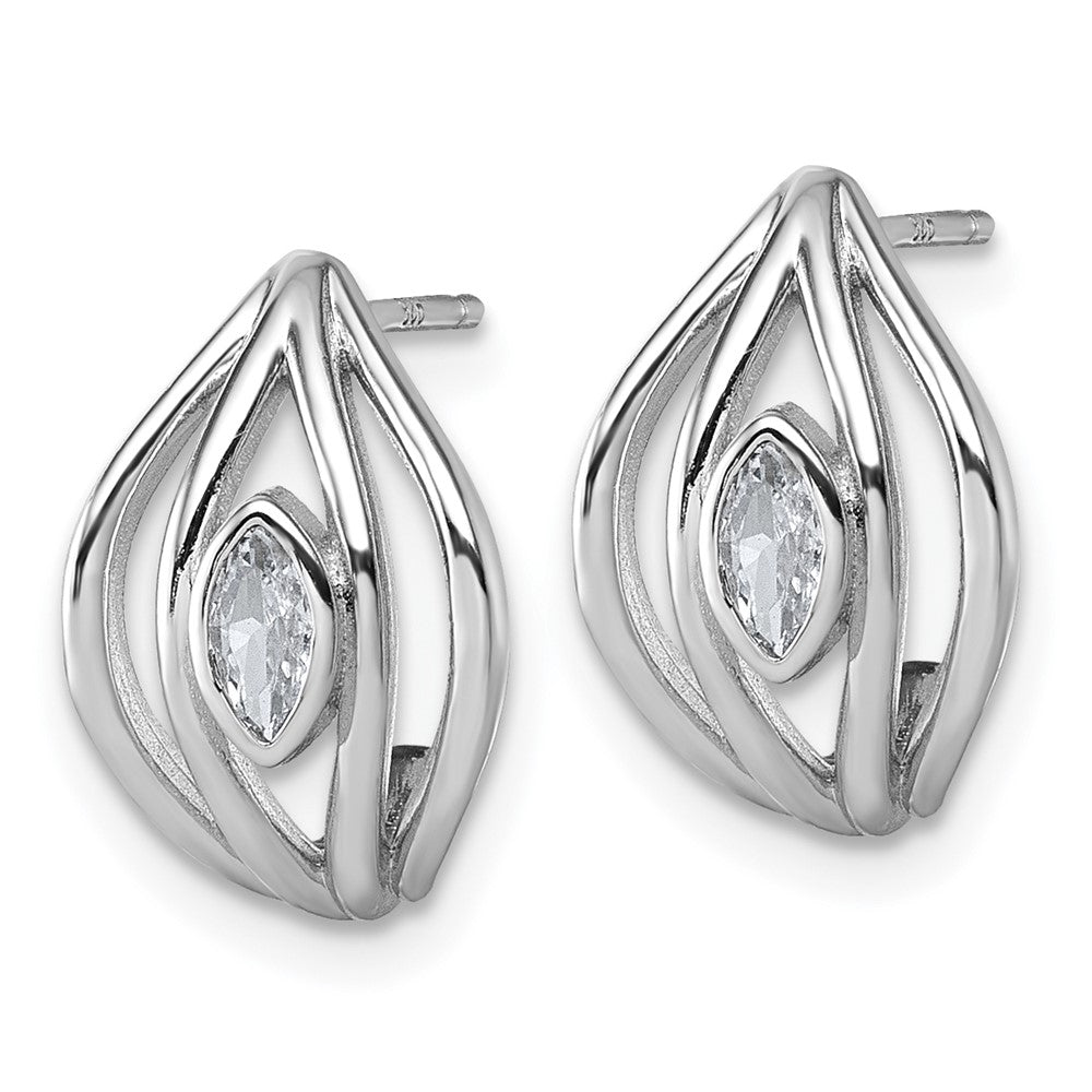 QG6991E Sterling Silver Rhodium-plated Marquise CZ Polished Oval J-Hoop Post Earrings