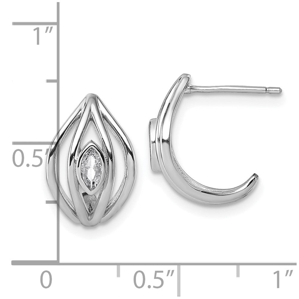 QG6991E Sterling Silver Rhodium-plated Marquise CZ Polished Oval J-Hoop Post Earrings