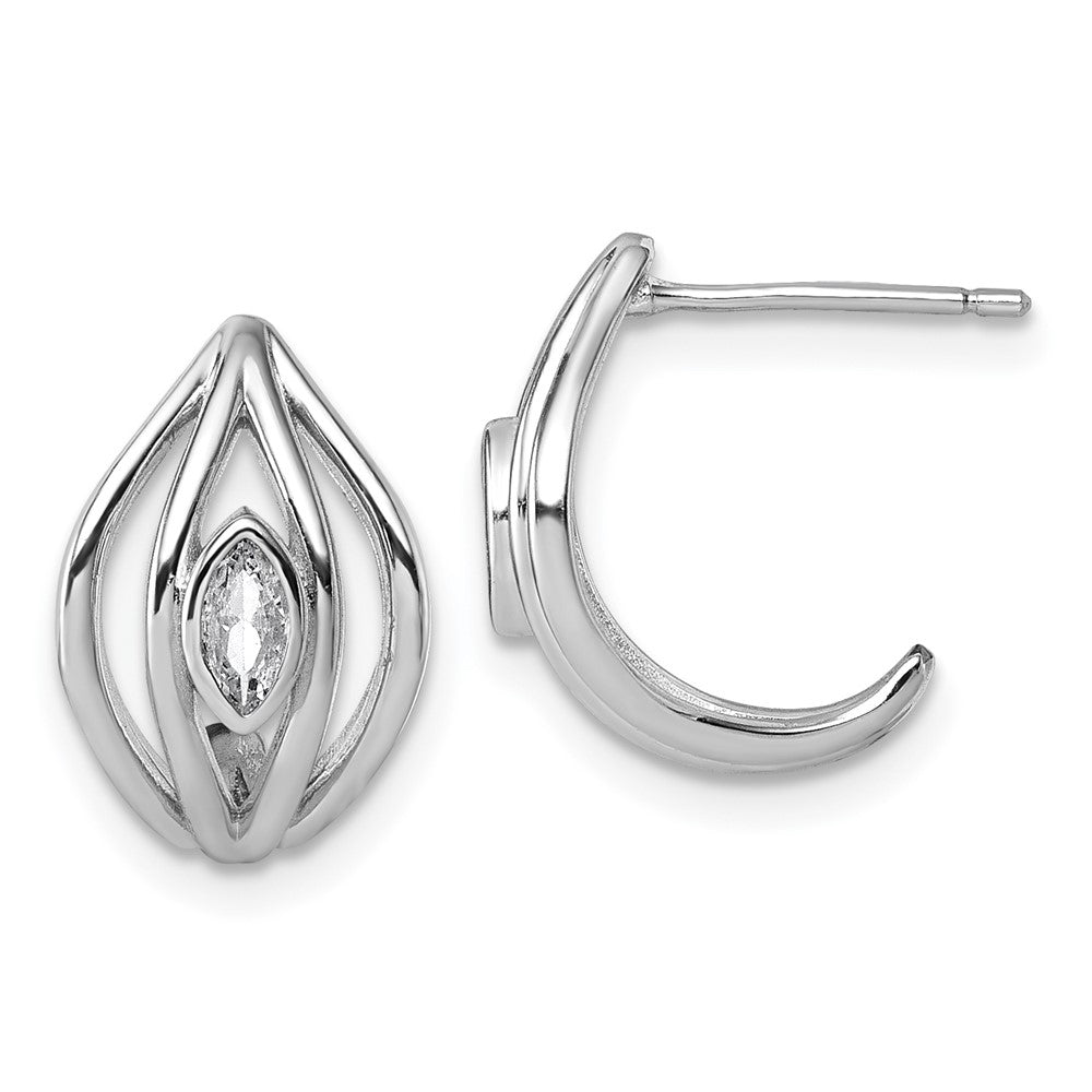 QG6991E Sterling Silver Rhodium-plated Marquise CZ Polished Oval J-Hoop Post Earrings