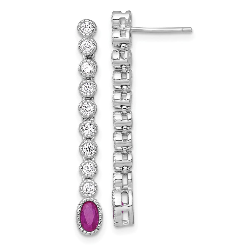 QG6996E Sterling Silver Rhodium-plated Polished and Beaded Oval Red and Round White CZ Dangle Post Earrings