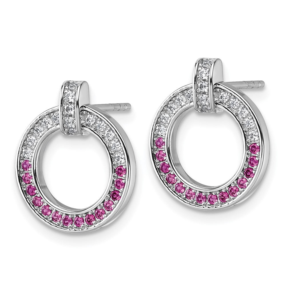 QG7002E Sterling Silver Rhodium-plated White and Red CZ Open Circle Post Earrings