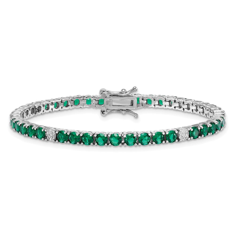 Sterling Silver Rhodium-plated Polished Round Green and White CZ 7 Inch Bracelet QG7007-7