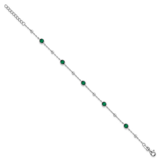 Sterling Silver Rhodium-plated Polished and Beaded Bezel-set Round Green CZ 7 Inch with 1 Inch Extension Bracelet QG7008-7