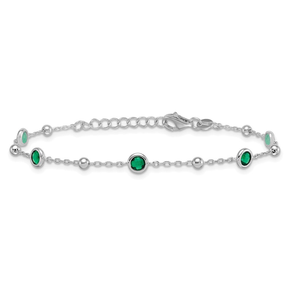 Sterling Silver Rhodium-plated Polished and Beaded Bezel-set Round Green CZ 7 Inch with 1 Inch Extension Bracelet QG7008-7