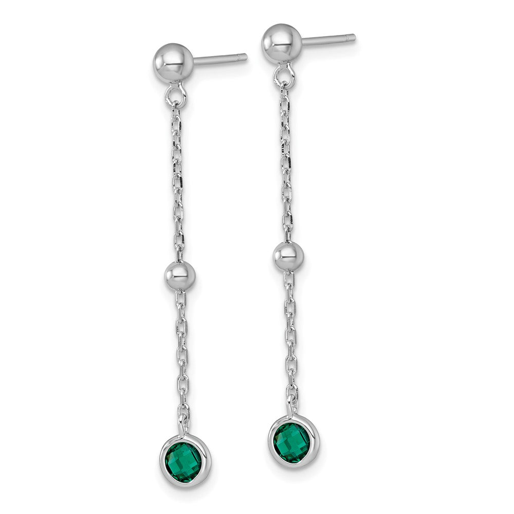 QG7008E Sterling Silver Rhodium-plated Polished Bezel-set Round Green CZ Dangle Post Earrings