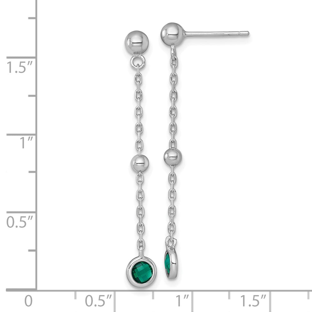 QG7008E Sterling Silver Rhodium-plated Polished Bezel-set Round Green CZ Dangle Post Earrings