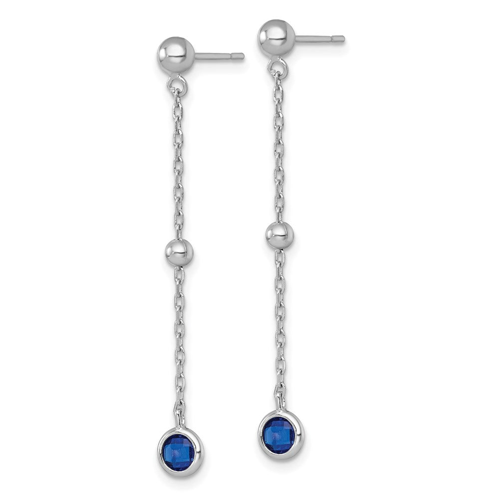 QG7009E Sterling Silver Rhodium-plated Polished Bezel-set Round Blue CZ Dangle Post Earrings