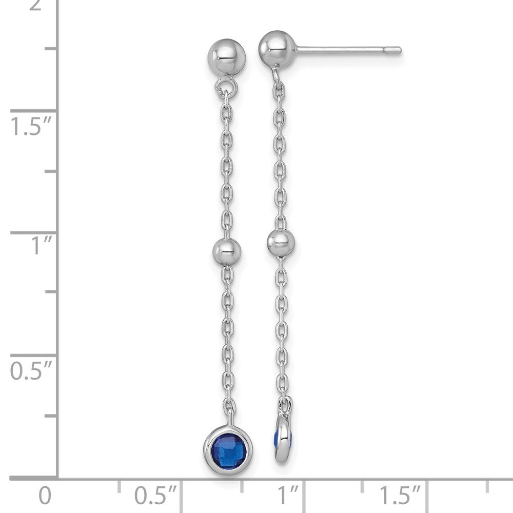 QG7009E Sterling Silver Rhodium-plated Polished Bezel-set Round Blue CZ Dangle Post Earrings