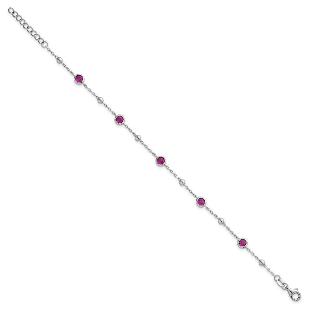 Sterling Silver Rhodium-plated Polished and Beaded Bezel-set Round Red CZ 7 Inch with 1 Inch Extension Bracelet QG7010-7