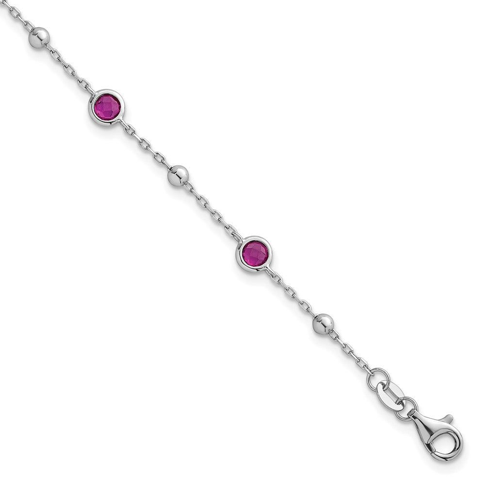 Sterling Silver Rhodium-plated Polished and Beaded Bezel-set Round Red CZ 7 Inch with 1 Inch Extension Bracelet QG7010-7