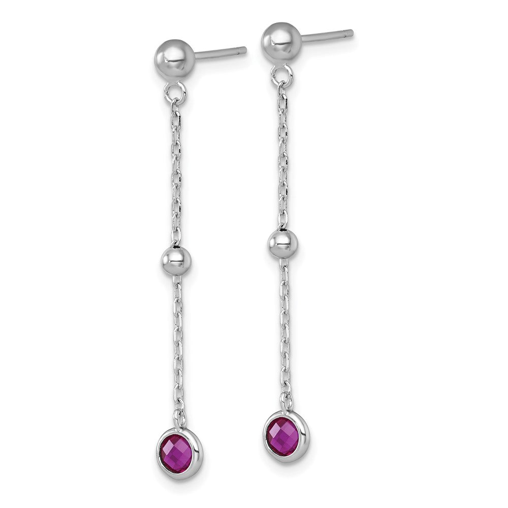 QG7010E Sterling Silver Rhodium-plated Polished Bezel-set Round Red CZ Dangle Post Earrings