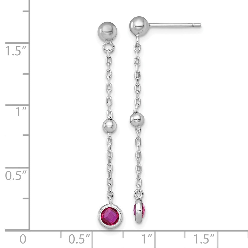 QG7010E Sterling Silver Rhodium-plated Polished Bezel-set Round Red CZ Dangle Post Earrings